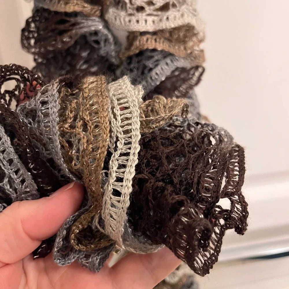 Ruffle Sashay Scarf Brown Grey Metallic Mesh Knit Lace Boa Spiral